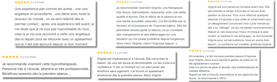 Ils sont satisfaits d'avoir choisi l'hypnose Sajece avec Virginie Consol - Lyon (69) - Villefontaine (38) - à distance